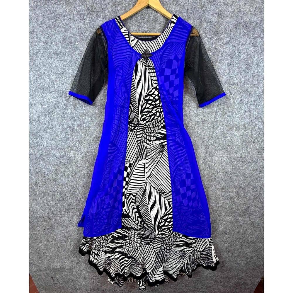 Art To Wear Abstract Dress Women XL (fits Small) Blue Black Layered Eclectic